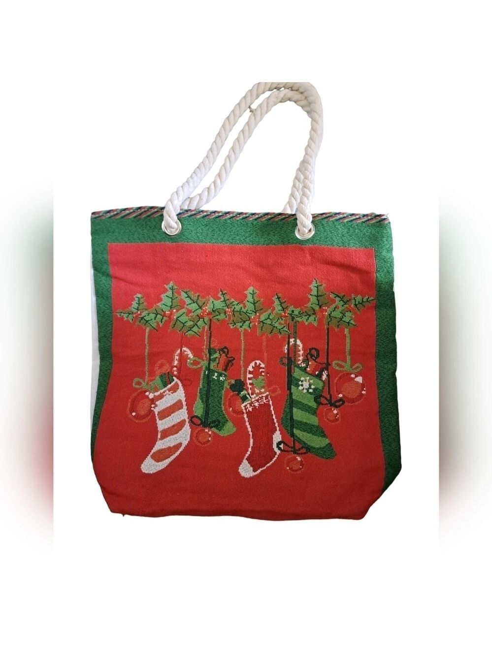 Tapestry Christmas stockings thick rope handles zip top TOTE bag holly Canvas